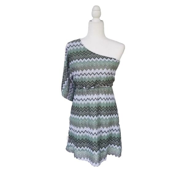 One Shoulder Green Zig Zag Striped Y2K 90s Mini Dress Size XS - Picture 2 of 10